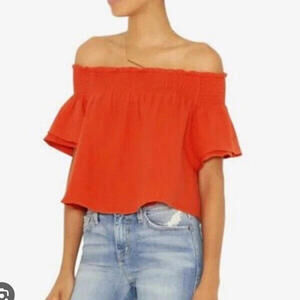 Apiece Apart Off The Shoulder Crop Top Gauze‎ Crinkle Cotton Blouse Red Womens 6